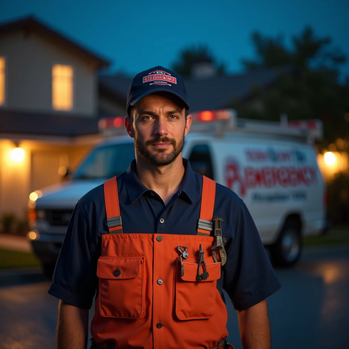 Emergency plumber arriving at a San Marcos home at night with service van