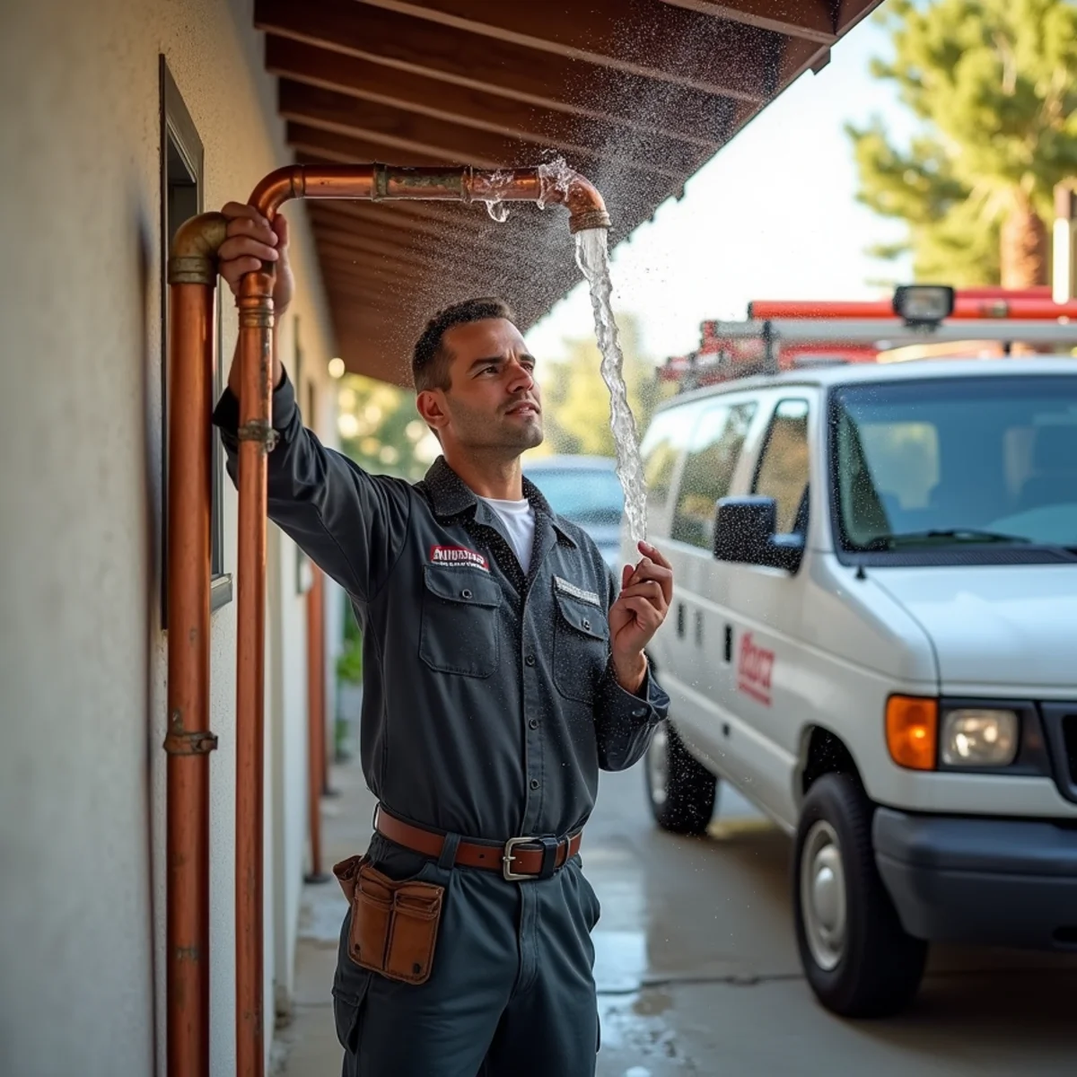 Burst copper pipe spraying water inside a San Marcos home wall