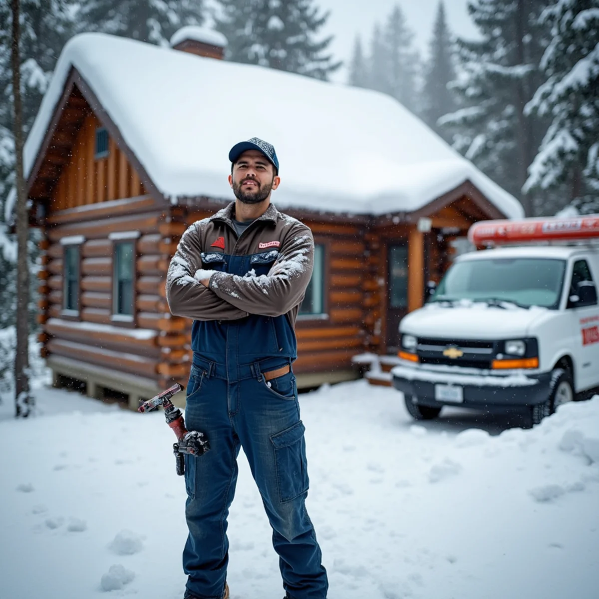 Snow-covered mountain cabin in Julian being winterized against freezing pipes