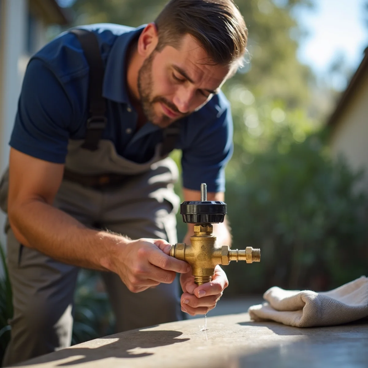 Plumber checking a failing water pressure regulator on a North County home