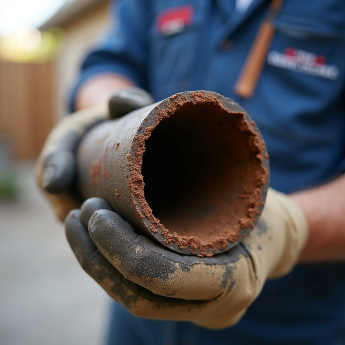 Corroded galvanized supply pipe cut open showing internal narrowing