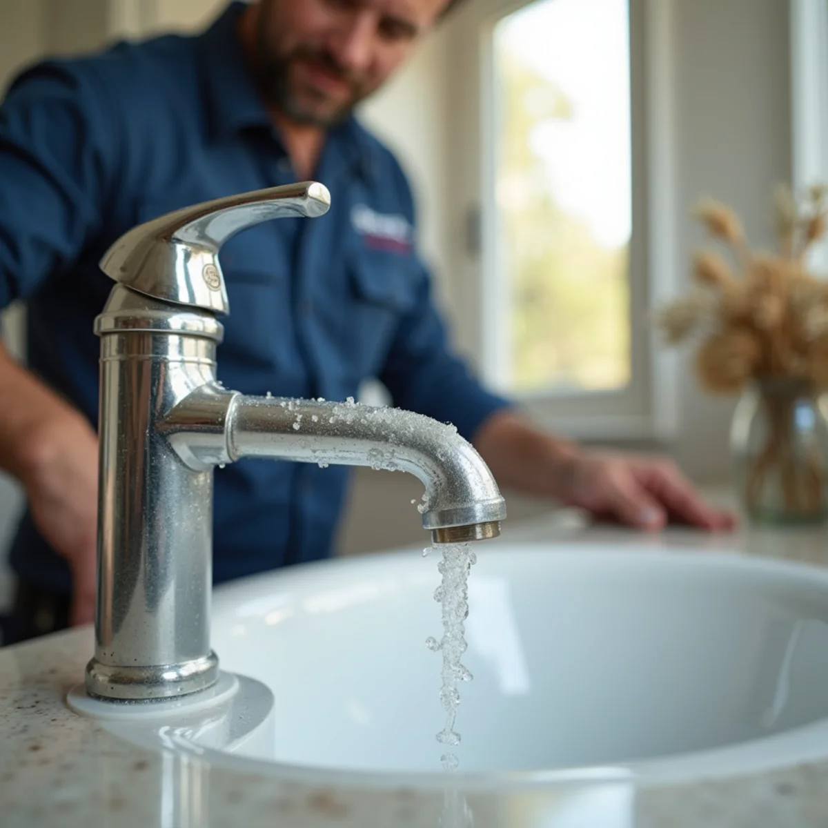 Hard-water mineral scale clogging a faucet aerator and valve