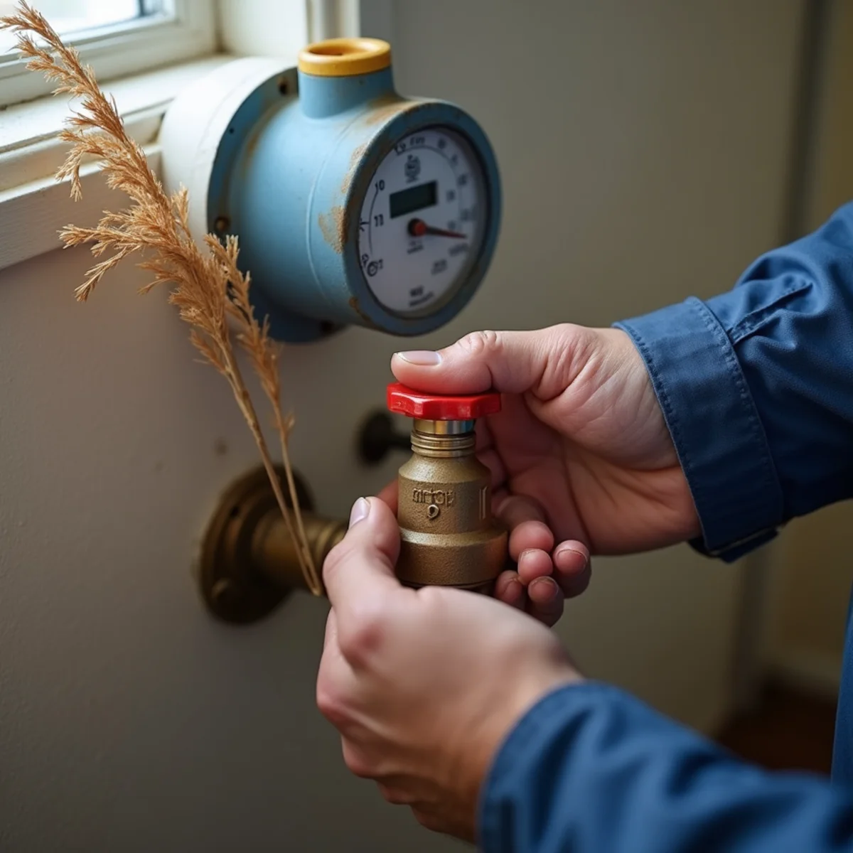 Plumber opening a partially closed main water shut-off valve
