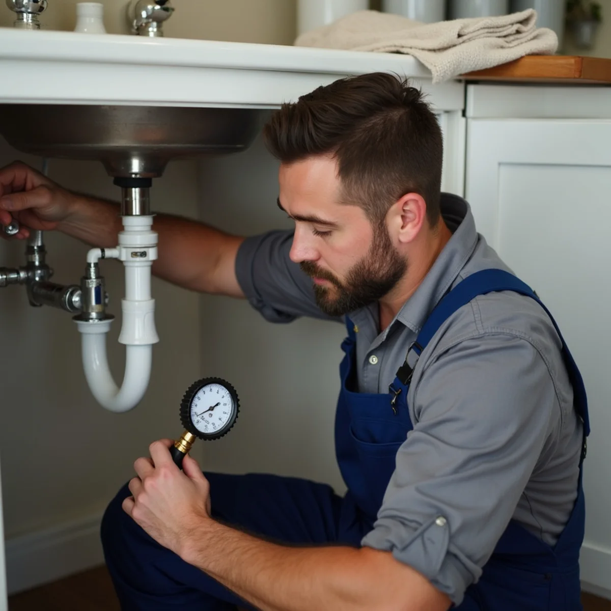 Plumber pressure-testing undersized supply piping in a home