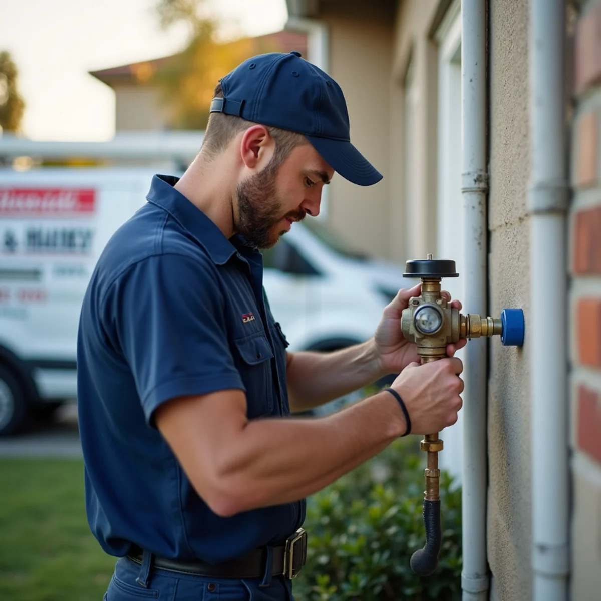 Plumber checking a pressure regulator on a North County home