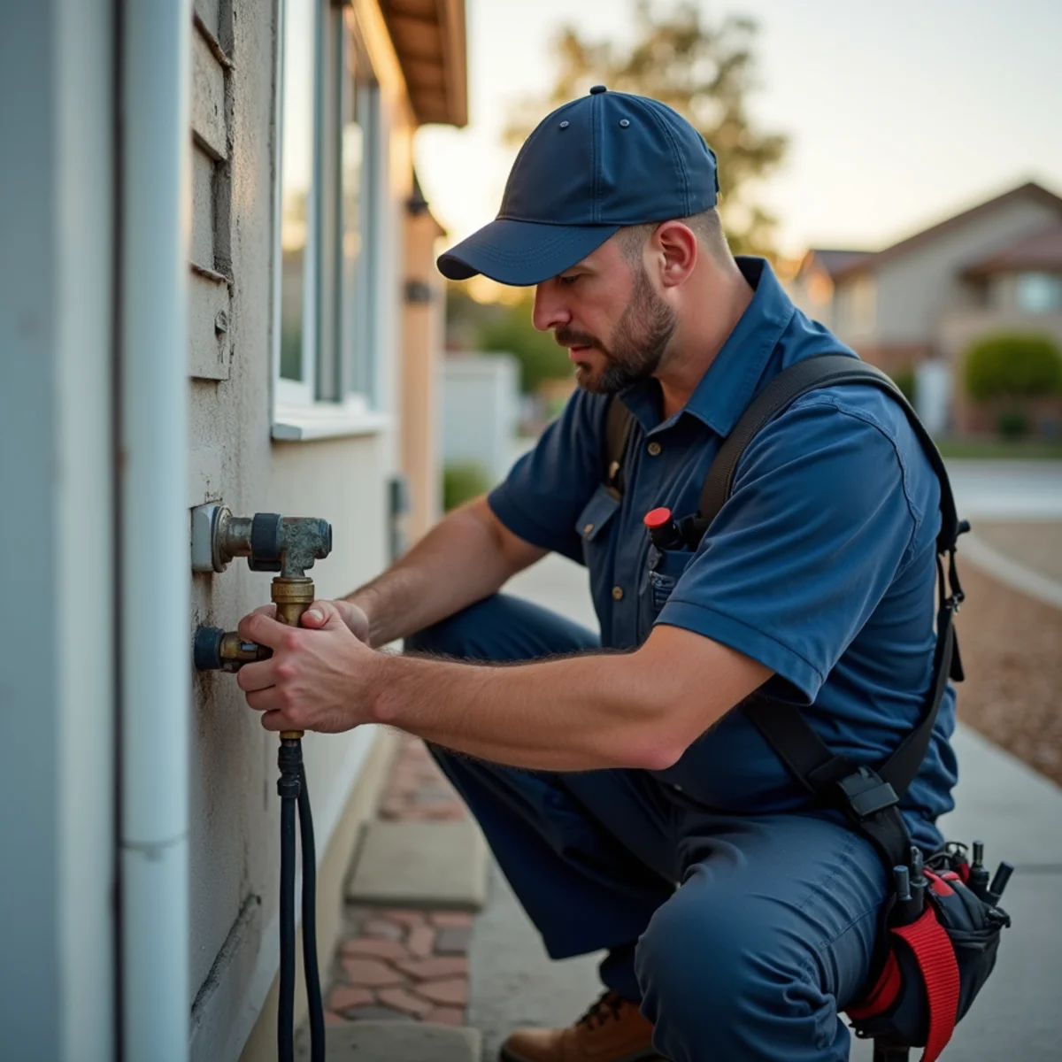Homeowner shutting off the main water valve during a plumbing emergency in San Marcos