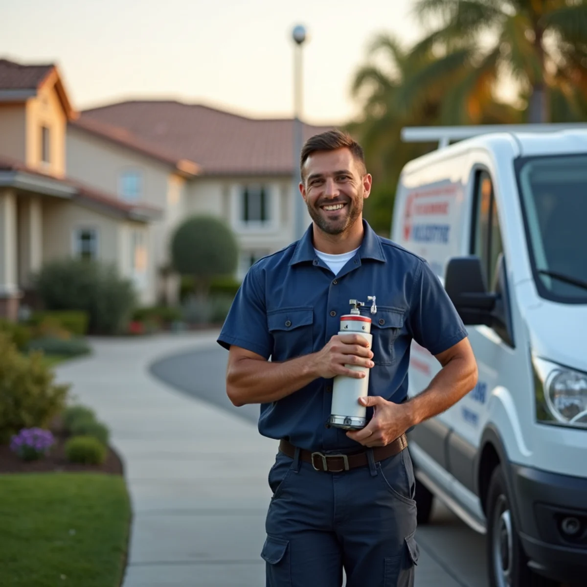 Technician carrying a new water heater for same-day replacement in San Marcos