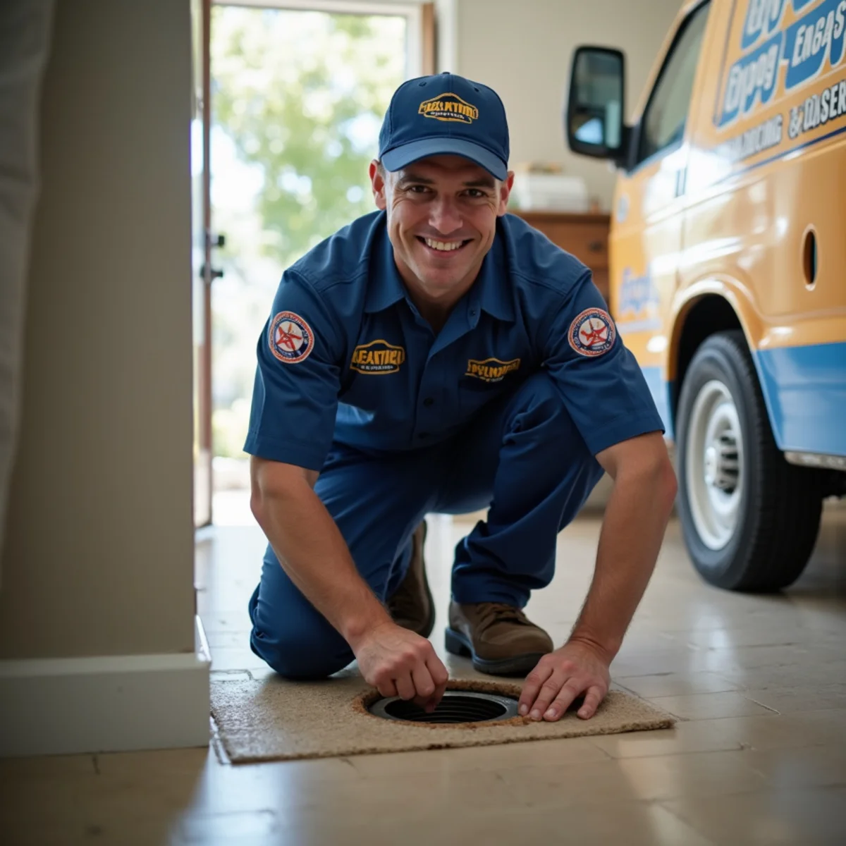 Plumber checking a floor drain for sewer odor in a San Marcos home
