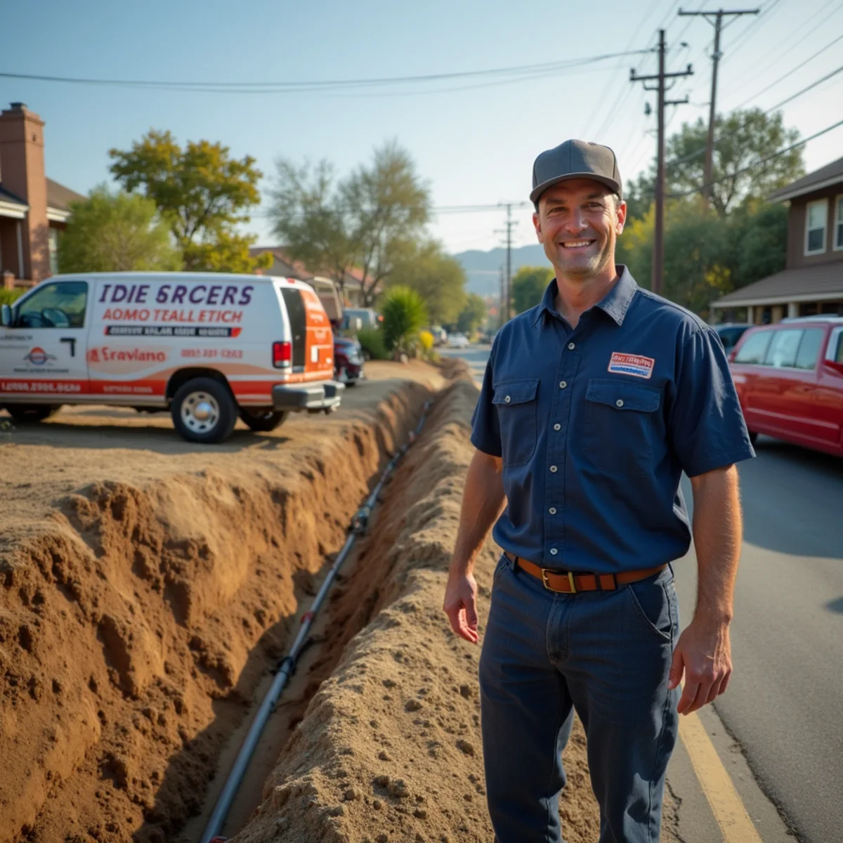 Trenchless sewer lining equipment next to a traditional excavation in San Marcos