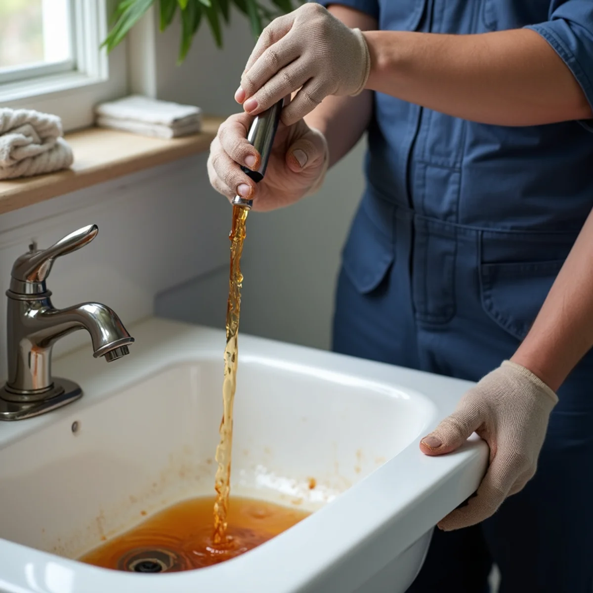 Rusty discolored hot water running from a tap into a white sink