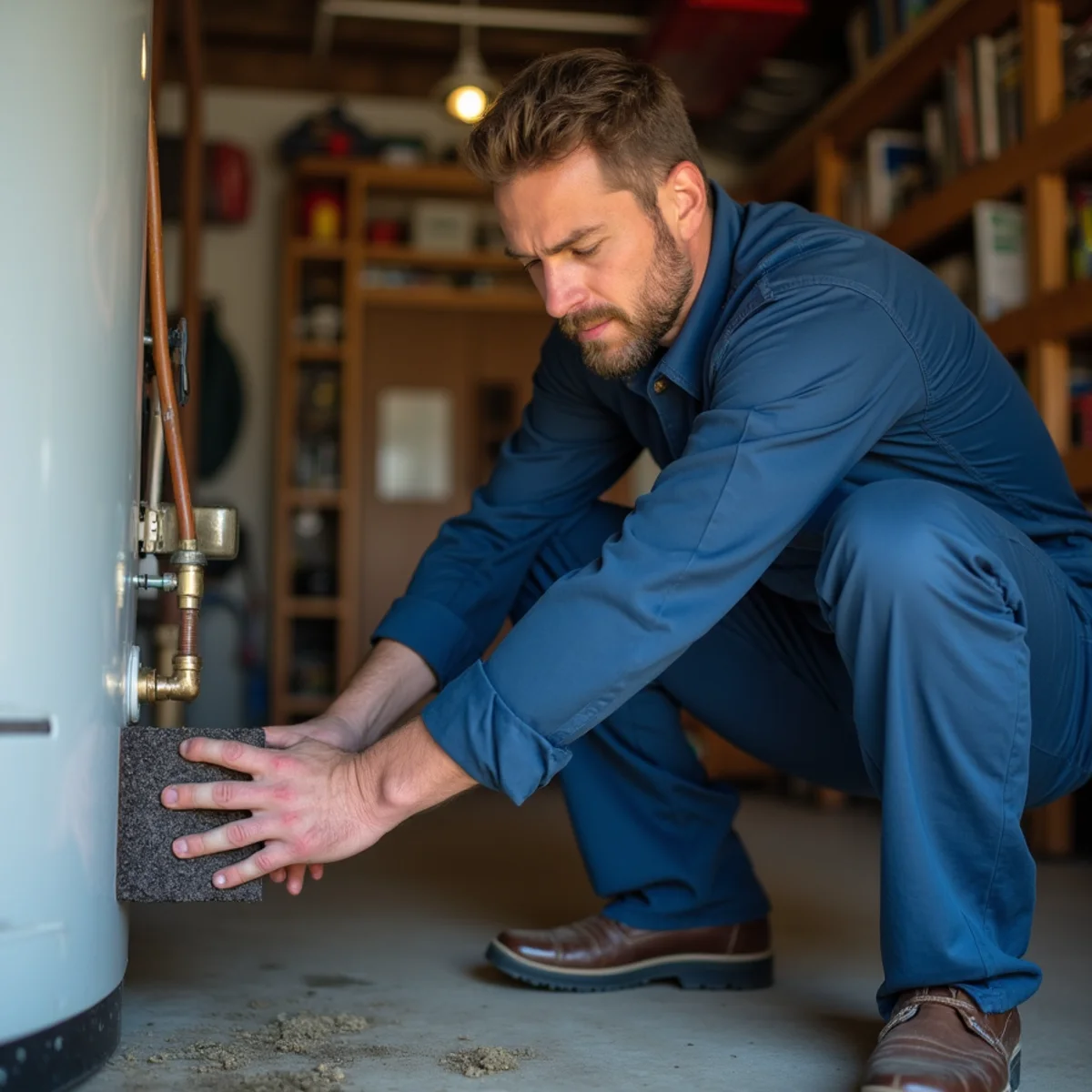 Plumber listening to a sediment-filled water heater tank