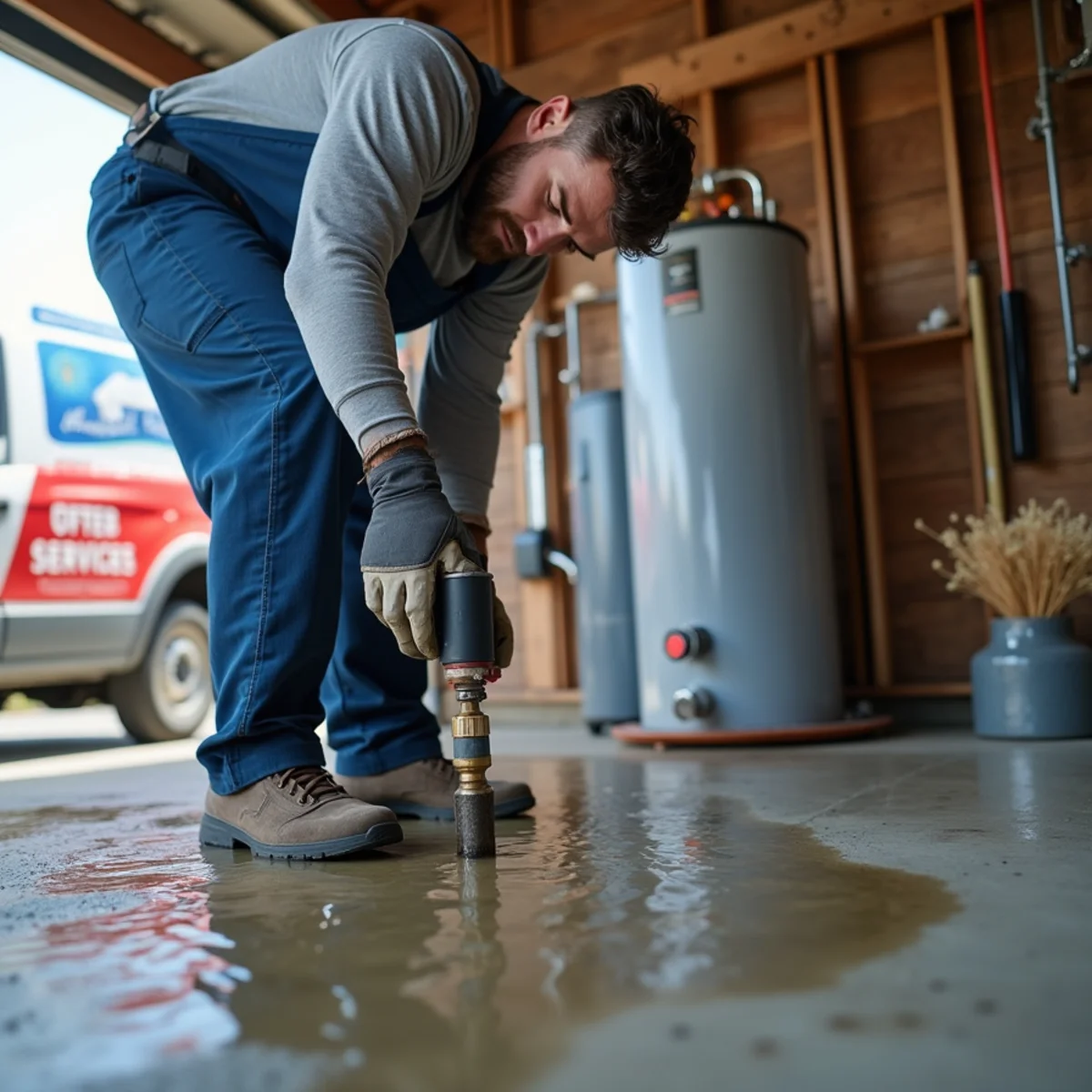 Water pooling around the base of a failing water heater tank in a garage