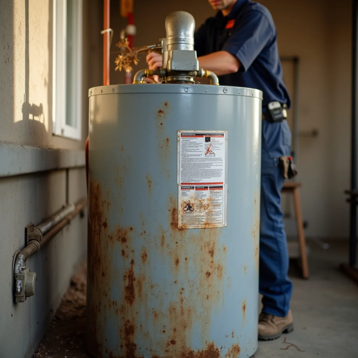 An old corroded 10-year-old water heater due for replacement