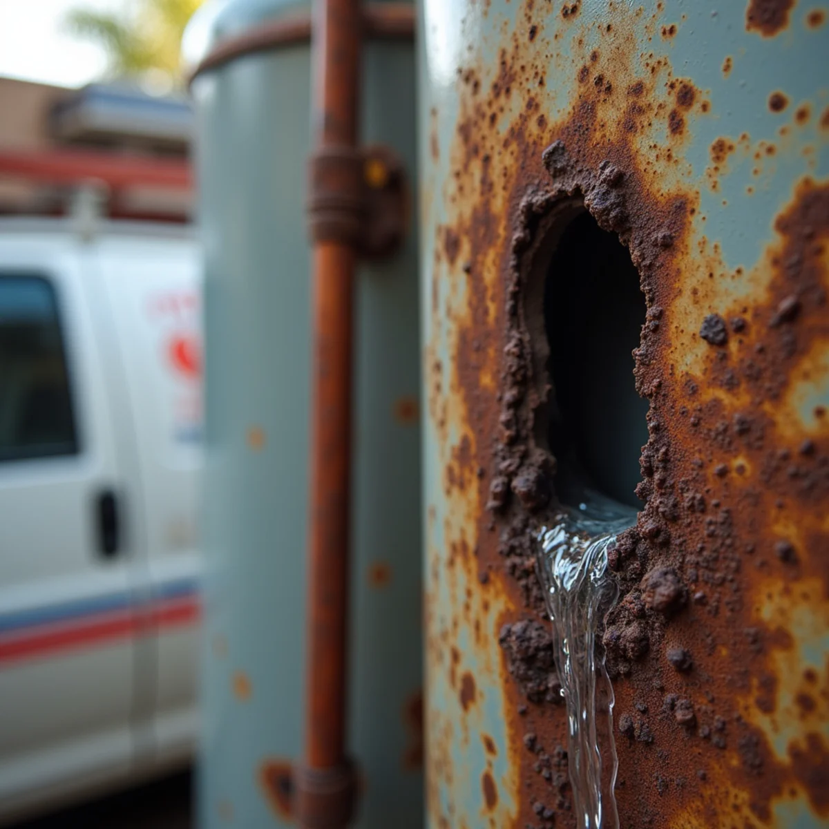 Rusty, leaking water heater showing signs of imminent failure in North County