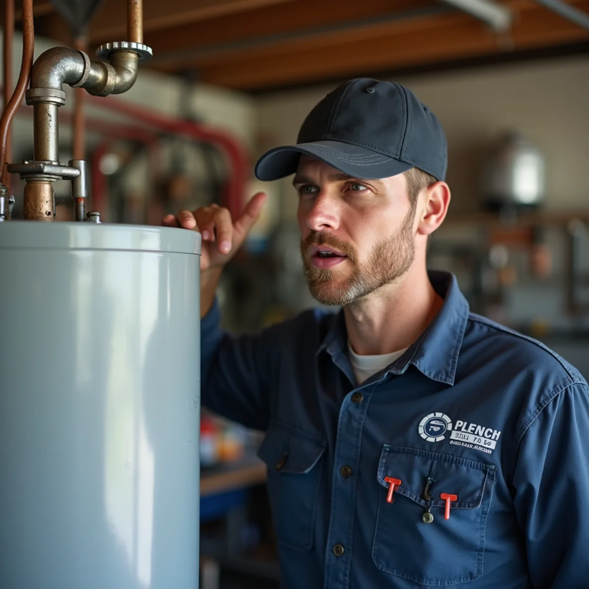 Plumber listening to a noisy water heater in a San Marcos garage