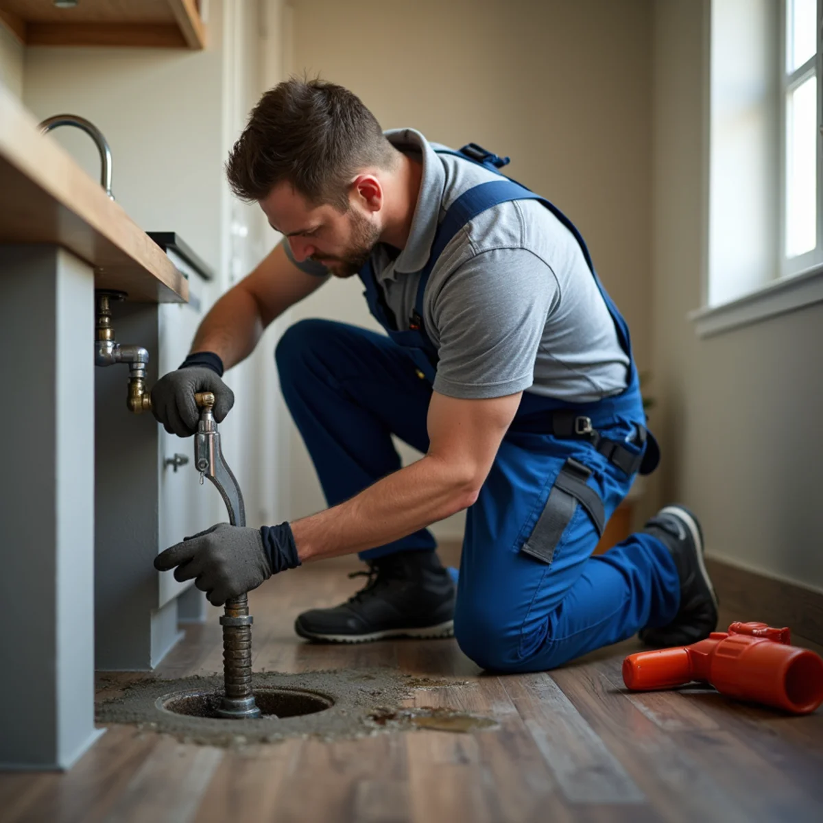Plumber clearing a clogged kitchen drain in a San Marcos home