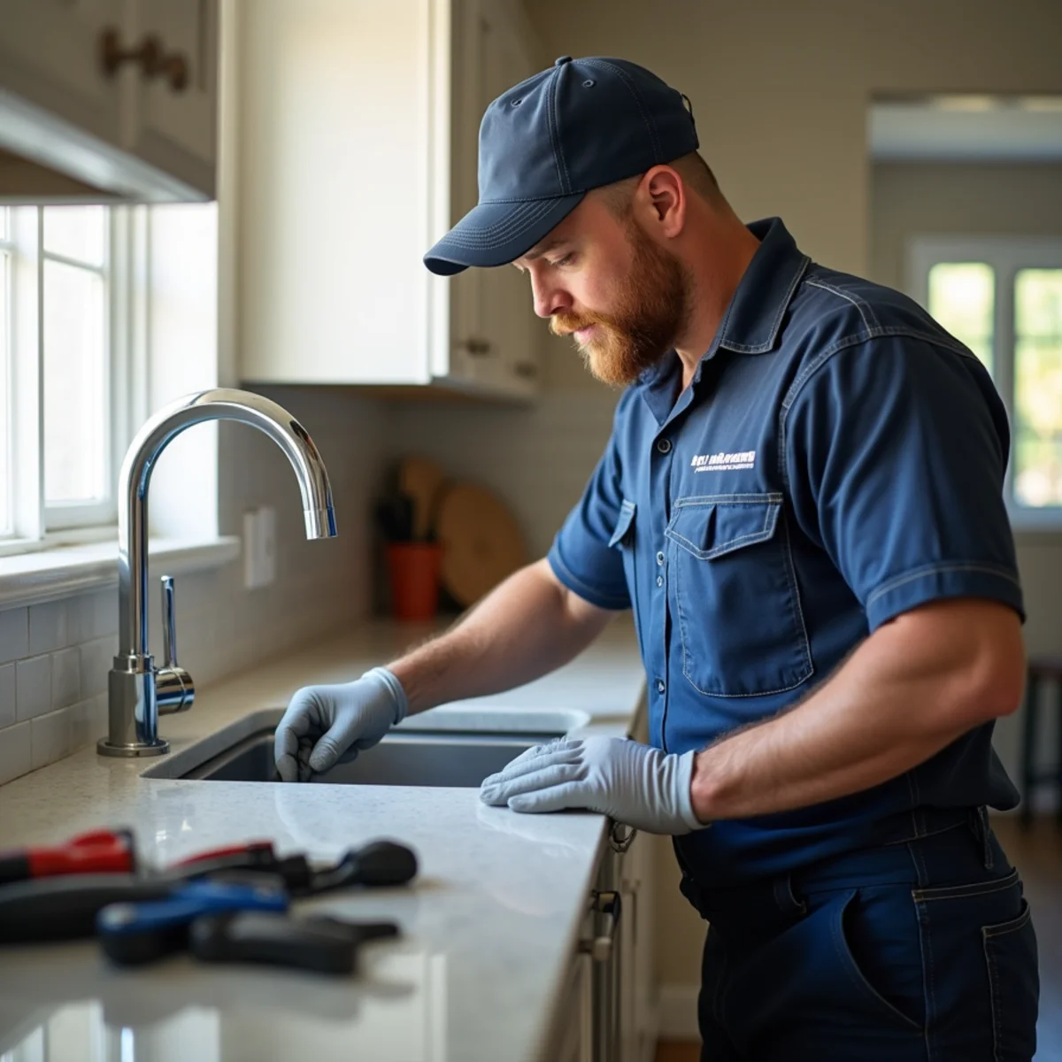 Plumber installing a new faucet in a San Marcos kitchen