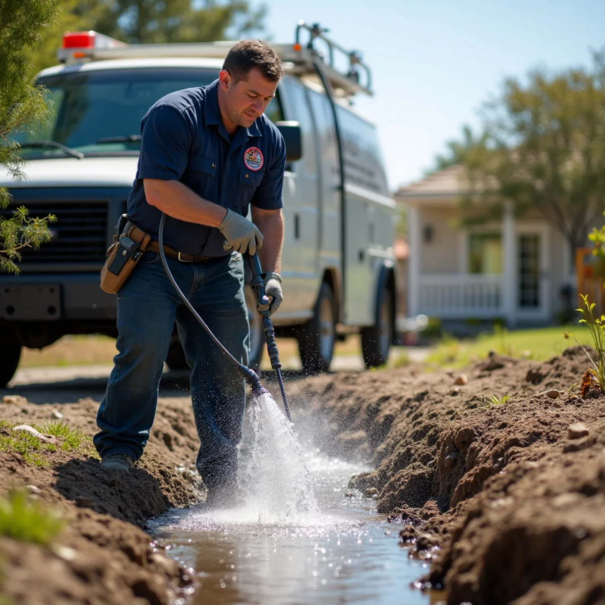 Hydro jetting a sewer line at a San Marcos property