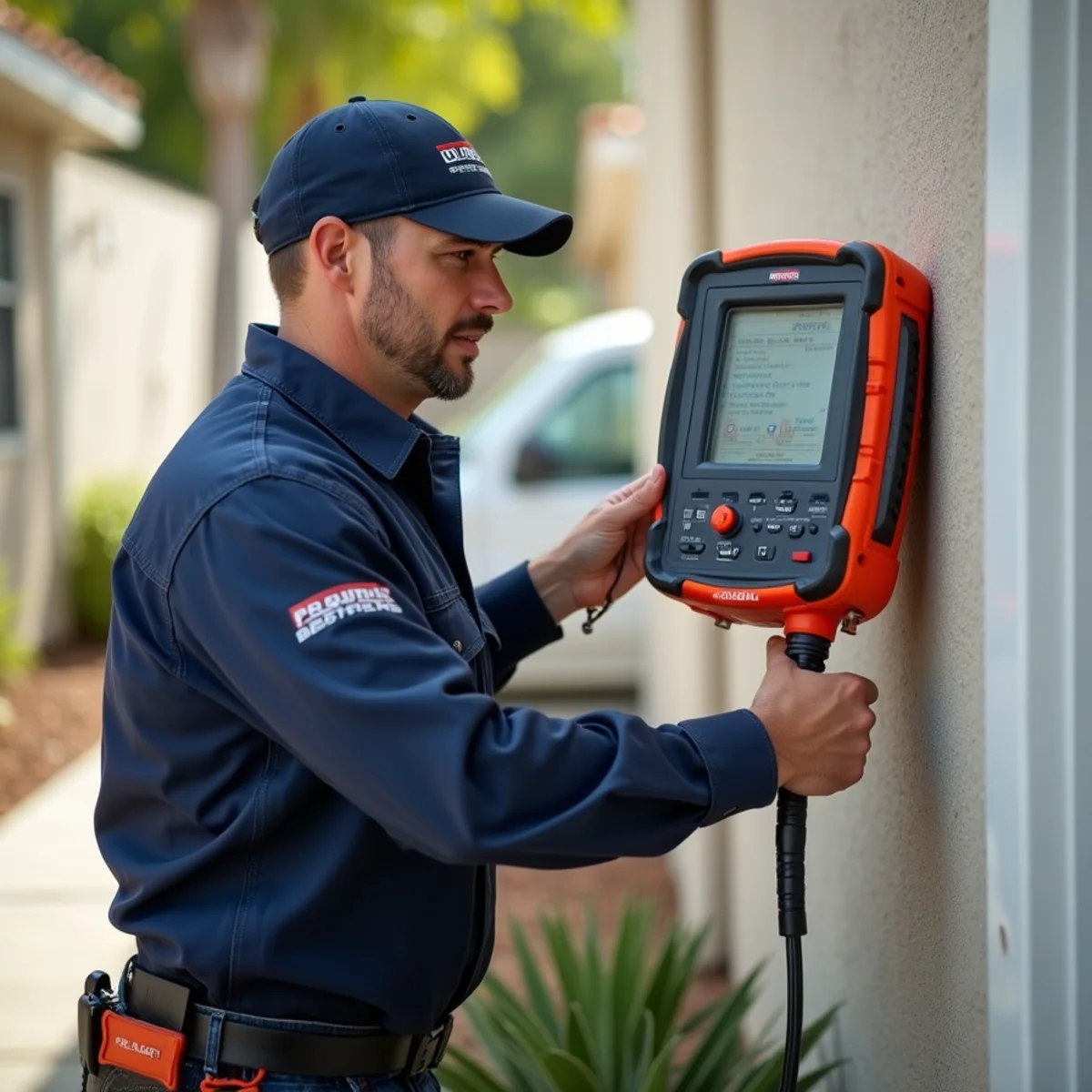 Plumber using electronic leak detection equipment on a San Marcos home wall