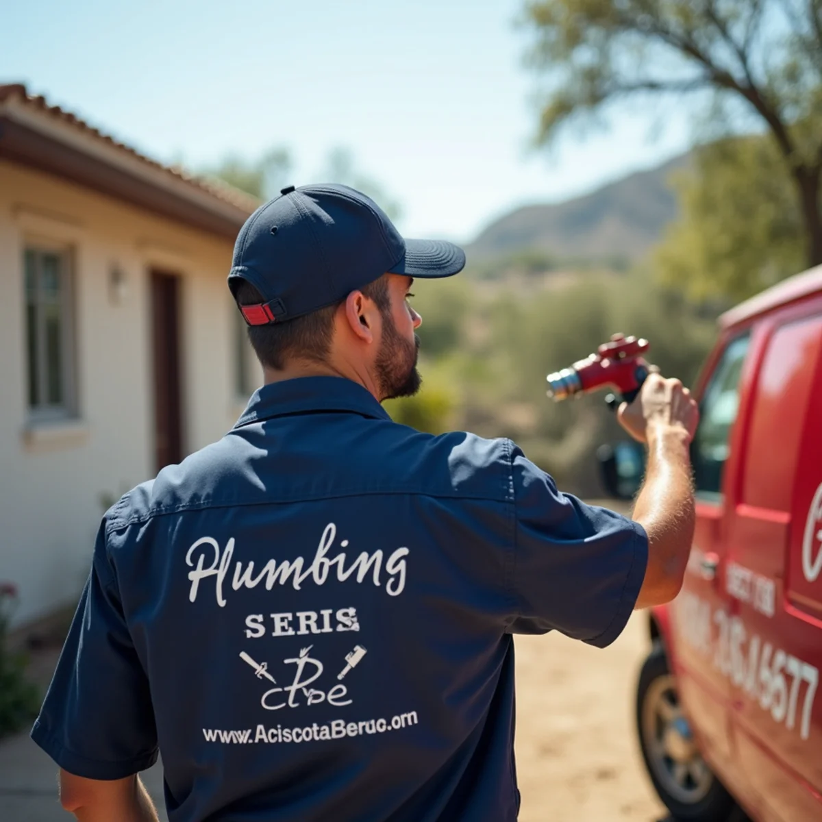 Plumber servicing a rural home near the Pala Mission, CA
