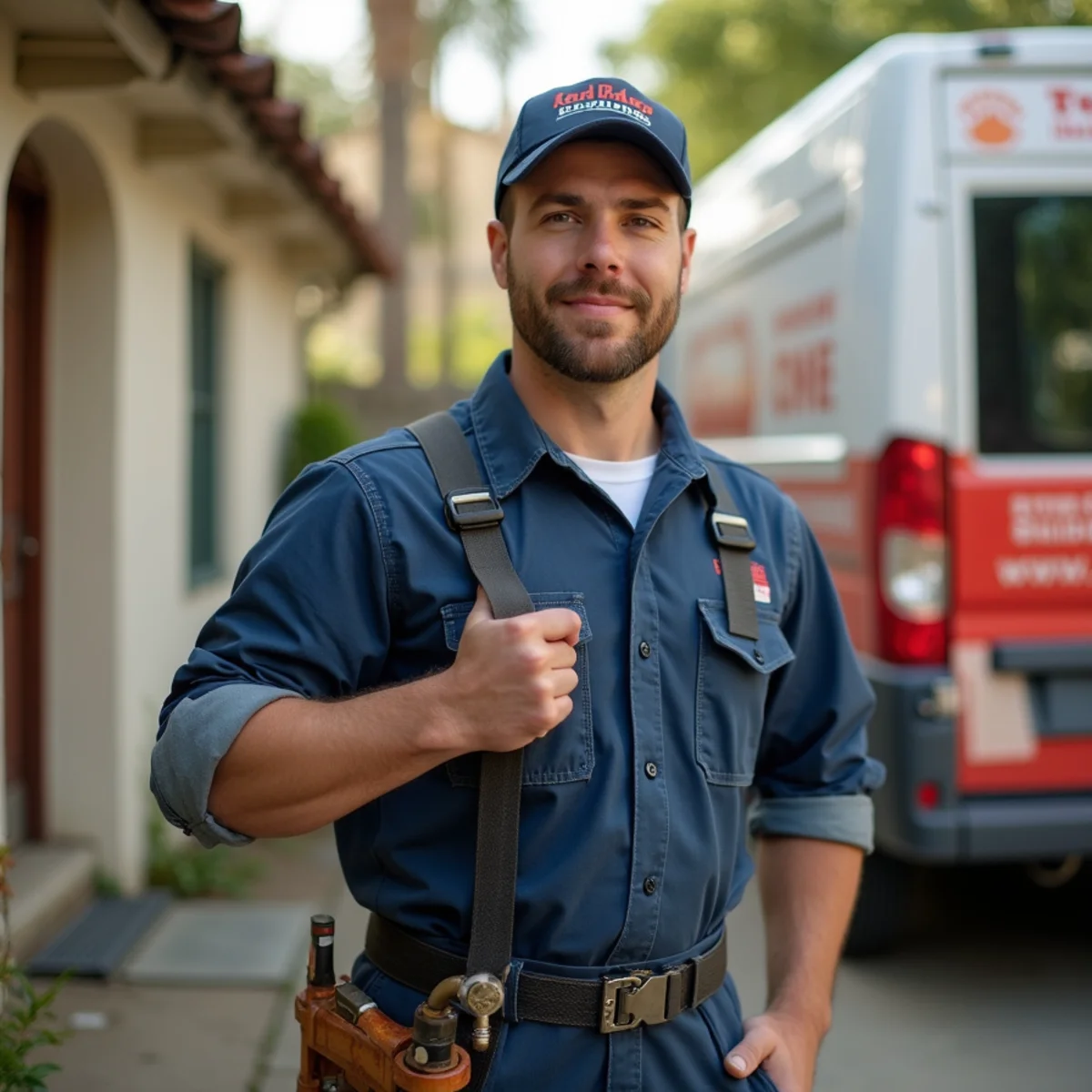Plumber servicing a historic home near the Mission in San Juan Capistrano, CA