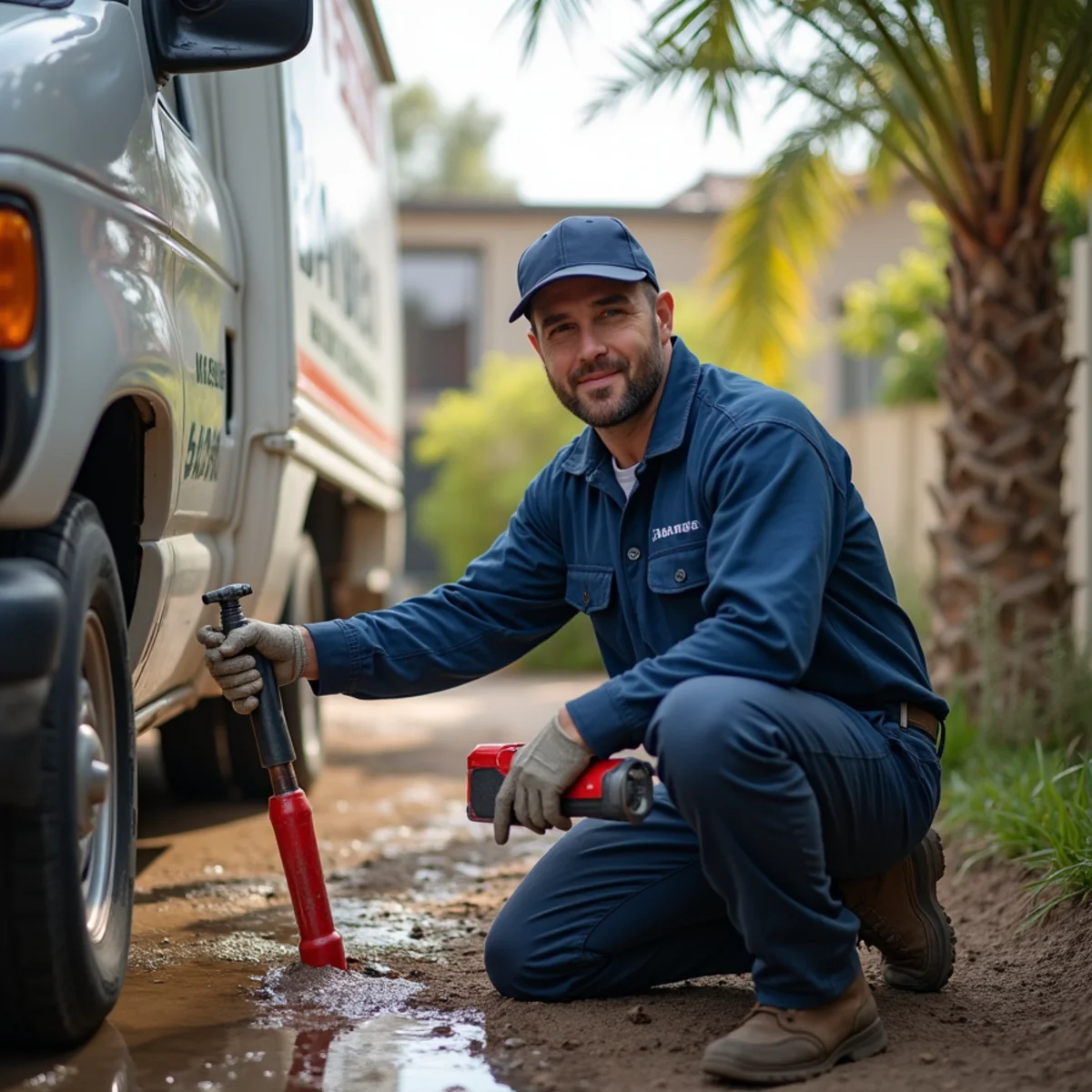 Plumber responding to a sewage backup in a San Marcos home