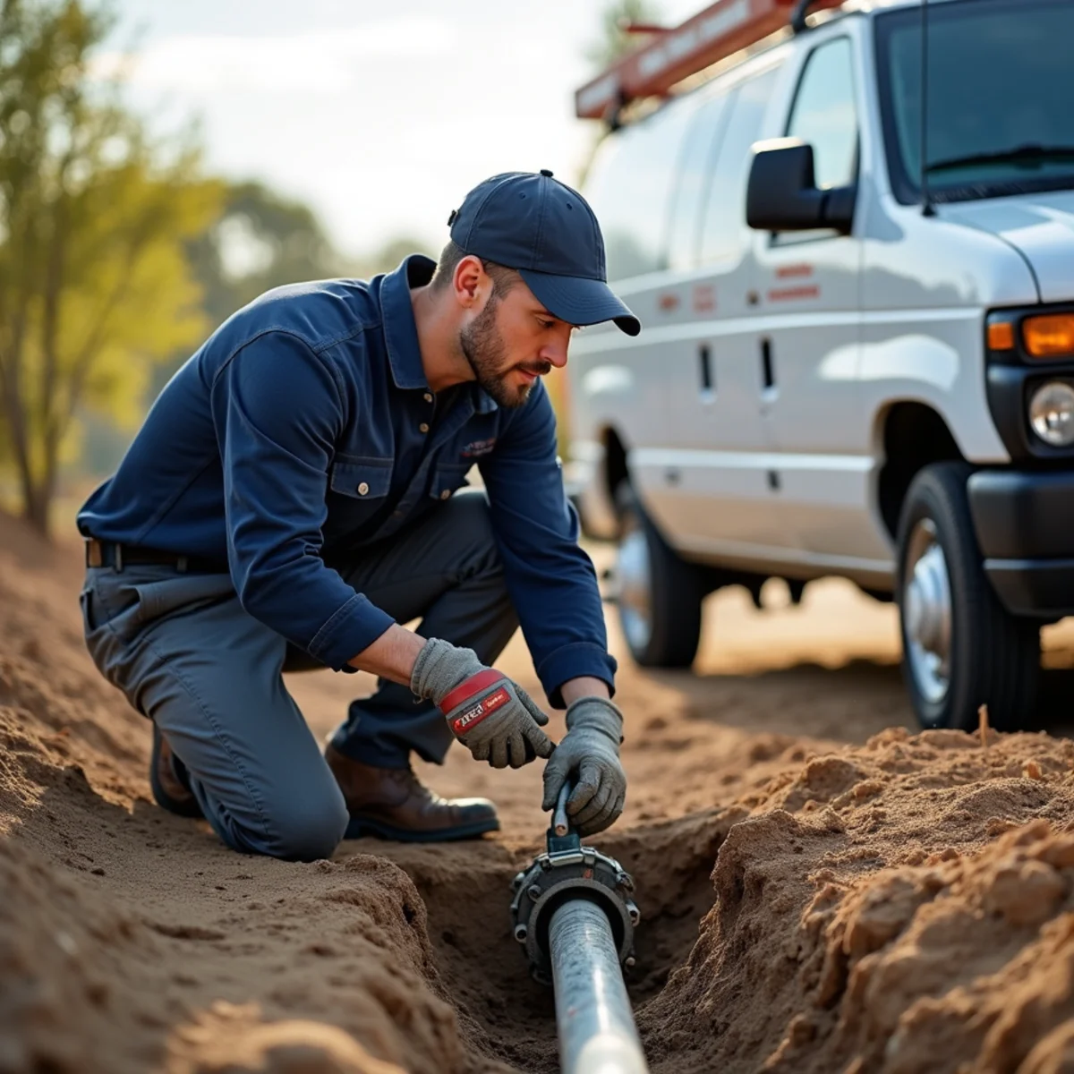 Trenchless sewer line repair equipment at a San Marcos property