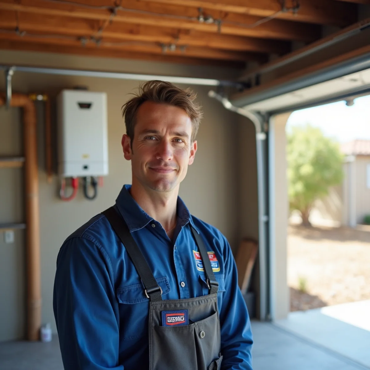 New tankless water heater installed on a wall in a San Marcos home