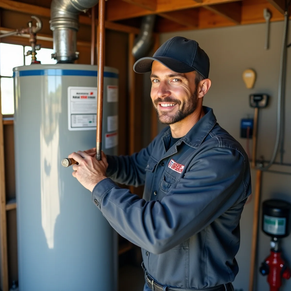Technician installing a new tank water heater in a San Marcos garage