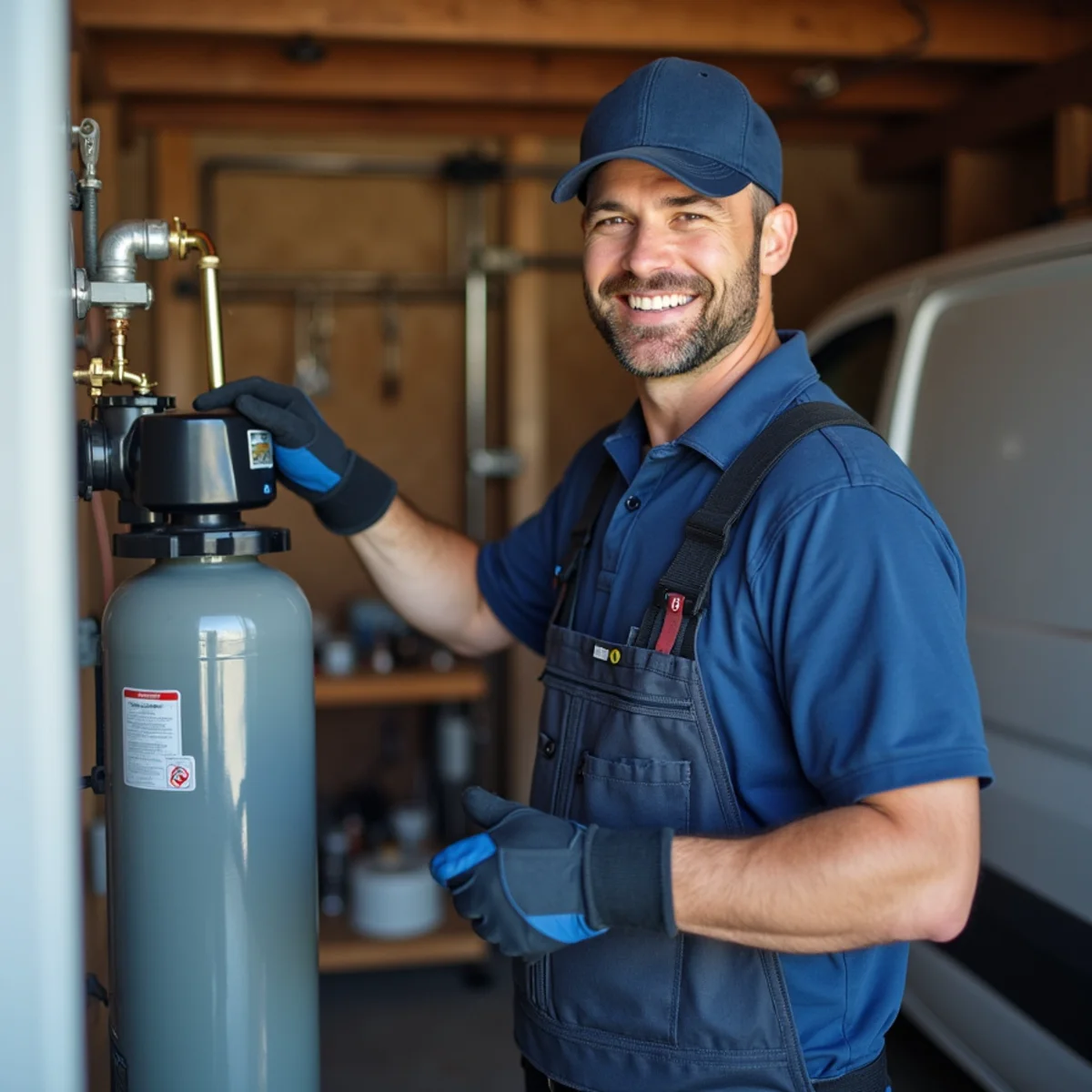 Whole-house water softener installed in a San Marcos garage
